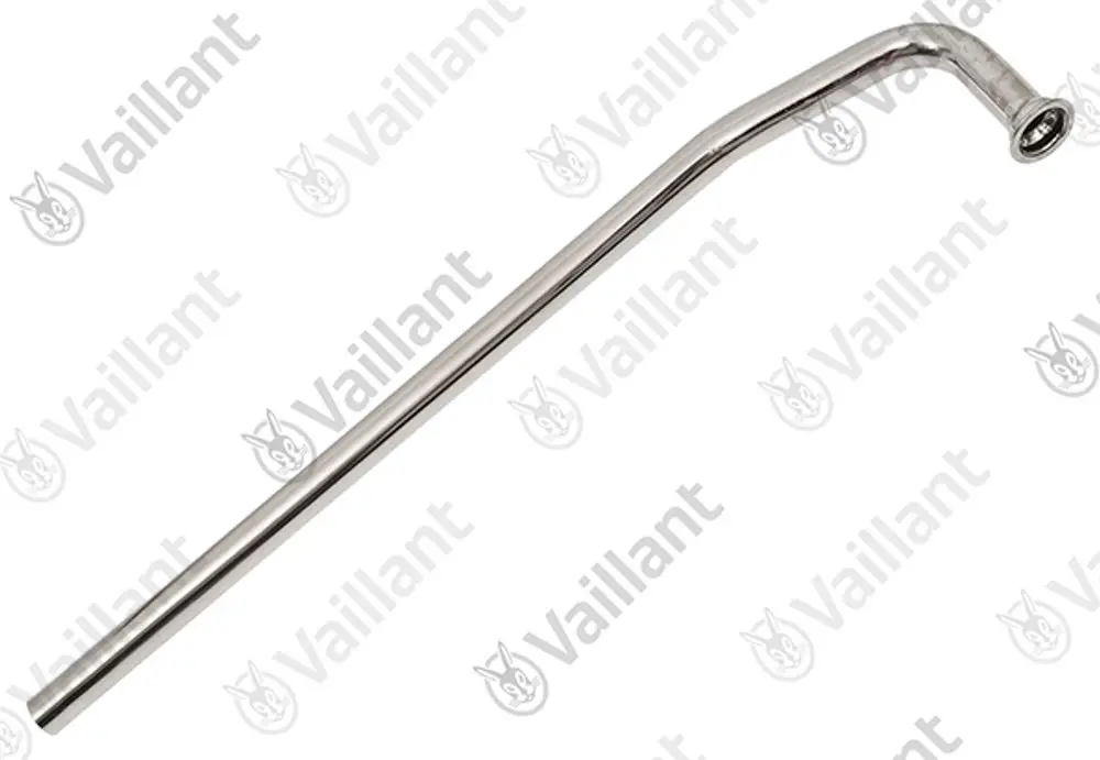 Röhrenförmiges Bauteil aus Metall mit einem gebogenen Ende, hergestellt von Vaillant, vermutlich für den Einsatz in Heizungs- oder Warmwassersystemen.